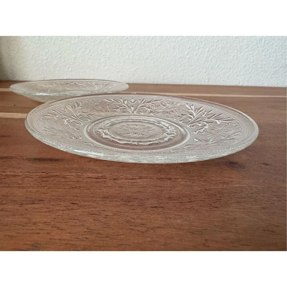 Floral clear glass vintage plates fish dessert set of 2 luncheon brunch Victoria
